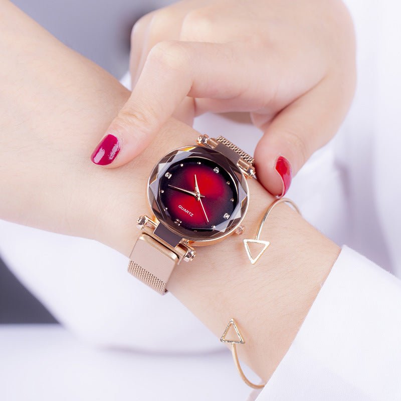 Women's Starry Quartz Lazy Magnet Strap Iron-absorbing Watch $18.50 Dana Fashion Color: L Rose Gold Rose Red Women's Accessories Product information: Color: L rose gold-Brown, L rose gold Red, L rose gold-black, L rose gold-purple, L rose gold-blue, L ros
