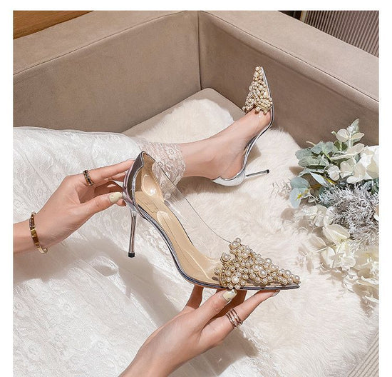 Women's Stiletto Pointed Pearl Transparent High Heel Pumps $45.50 Dana Fashion Color: Champagne 6cm size: 34 Women's shoes Product information: Color: Silver 6cm, silver 8cm, champagne 6cm, champagne 8cm Heel height: high heels (6-8CM) Size: 34, 35, 36, 3