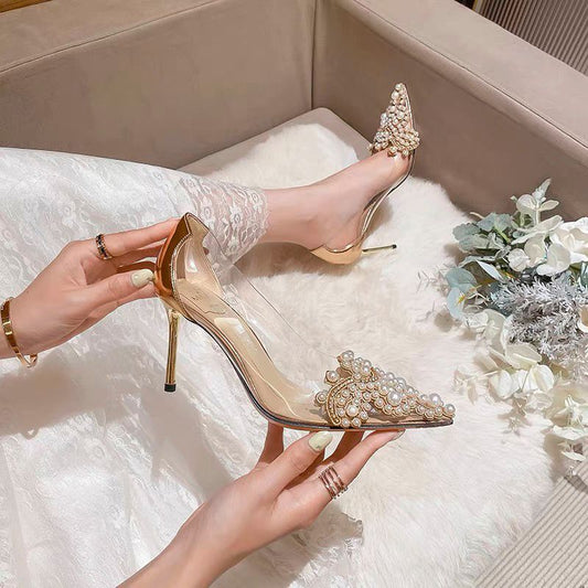 Women's Stiletto Pointed Pearl Transparent High Heel Pumps $45.50 Dana Fashion Color: Champagne 6cm size: 34 Women's shoes Product information: Color: Silver 6cm, silver 8cm, champagne 6cm, champagne 8cm Heel height: high heels (6-8CM) Size: 34, 35, 36, 3