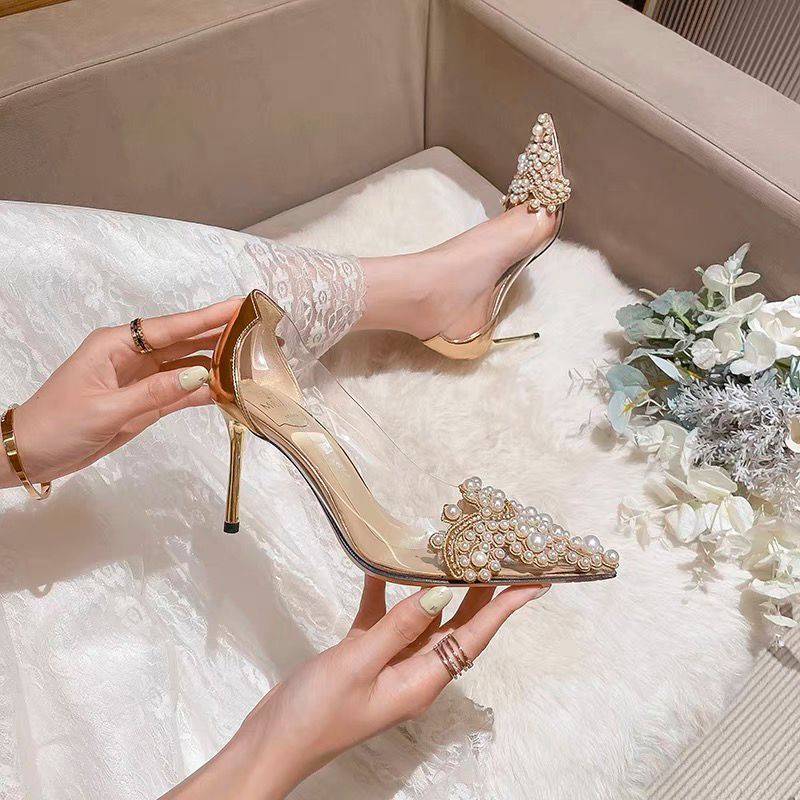 Women's Stiletto Pointed Pearl Transparent High Heel Pumps $45.50 Dana Fashion Color: Champagne 6cm size: 34 Women's shoes Product information: Color: Silver 6cm, silver 8cm, champagne 6cm, champagne 8cm Heel height: high heels (6-8CM) Size: 34, 35, 36, 3