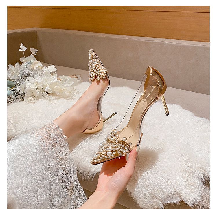 Women's Stiletto Pointed Pearl Transparent High Heel Pumps $45.50 Dana Fashion Color: Champagne 8cm size: 34 Women's shoes Product information: Color: Silver 6cm, silver 8cm, champagne 6cm, champagne 8cm Heel height: high heels (6-8CM) Size: 34, 35, 36, 3