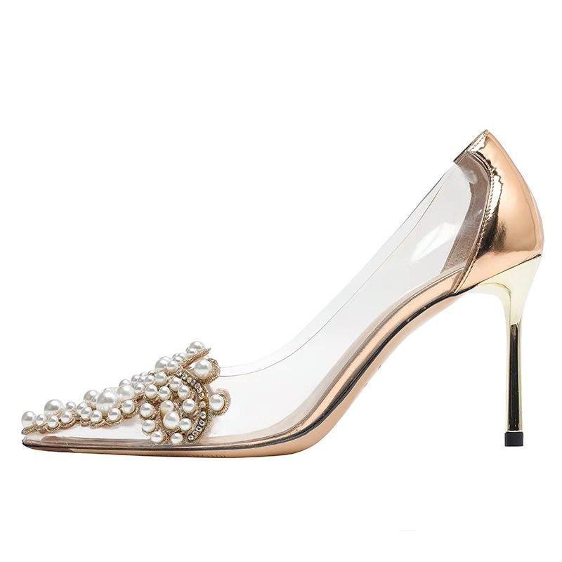 Women's Stiletto Pointed Pearl Transparent High Heel Pumps $45.50 Dana Fashion Color: Champagne 6cm size: 34 Women's shoes Product information: Color: Silver 6cm, silver 8cm, champagne 6cm, champagne 8cm Heel height: high heels (6-8CM) Size: 34, 35, 36, 3