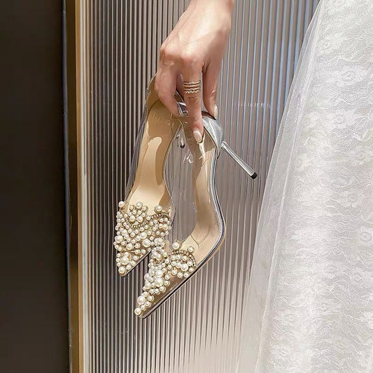 Women's Stiletto Pointed Pearl Transparent High Heel Pumps $45.50 Dana Fashion Color: Champagne 6cm size: 34 Women's shoes Product information: Color: Silver 6cm, silver 8cm, champagne 6cm, champagne 8cm Heel height: high heels (6-8CM) Size: 34, 35, 36, 3