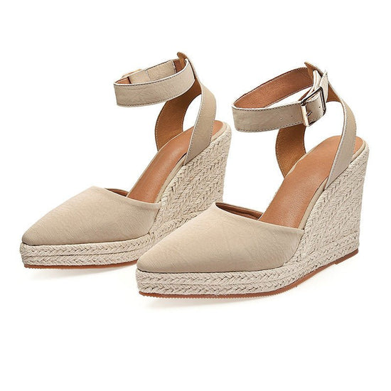Women's Straw Woven Wedge Platform High Heel Pointed Sandals $70.05 Dana Fashion Color: Apricot Size: 34 Women's shoes Product information: Lining material: Microfiber Toe bracket shape: Tip Color: Black, apricot Shoe Upper material: Microfiber Size: 34,