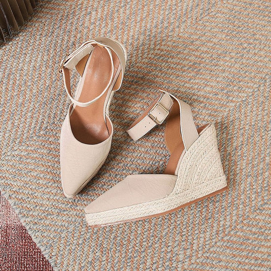 Women's Straw Woven Wedge Platform High Heel Pointed Sandals $70.05 Dana Fashion Color: Apricot Size: 34 Women's shoes Product information: Lining material: Microfiber Toe bracket shape: Tip Color: Black, apricot Shoe Upper material: Microfiber Size: 34,