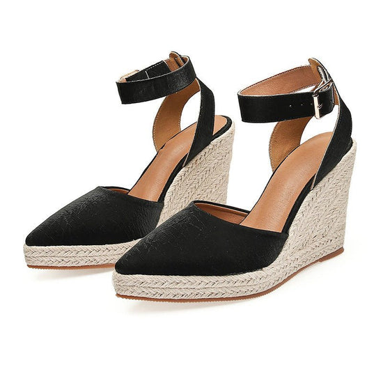 Women's Straw Woven Wedge Platform High Heel Pointed Sandals $70.05 Dana Fashion Color: Black Size: 34 Women's shoes Product information: Lining material: Microfiber Toe bracket shape: Tip Color: Black, apricot Shoe Upper material: Microfiber Size: 34, 35
