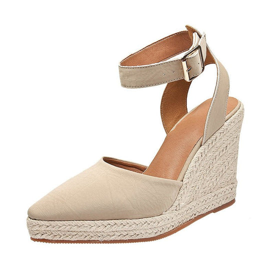 Women's Straw Woven Wedge Platform High Heel Pointed Sandals $70.05 Dana Fashion Color: Apricot Size: 34 Women's shoes Product information: Lining material: Microfiber Toe bracket shape: Tip Color: Black, apricot Shoe Upper material: Microfiber Size: 34,
