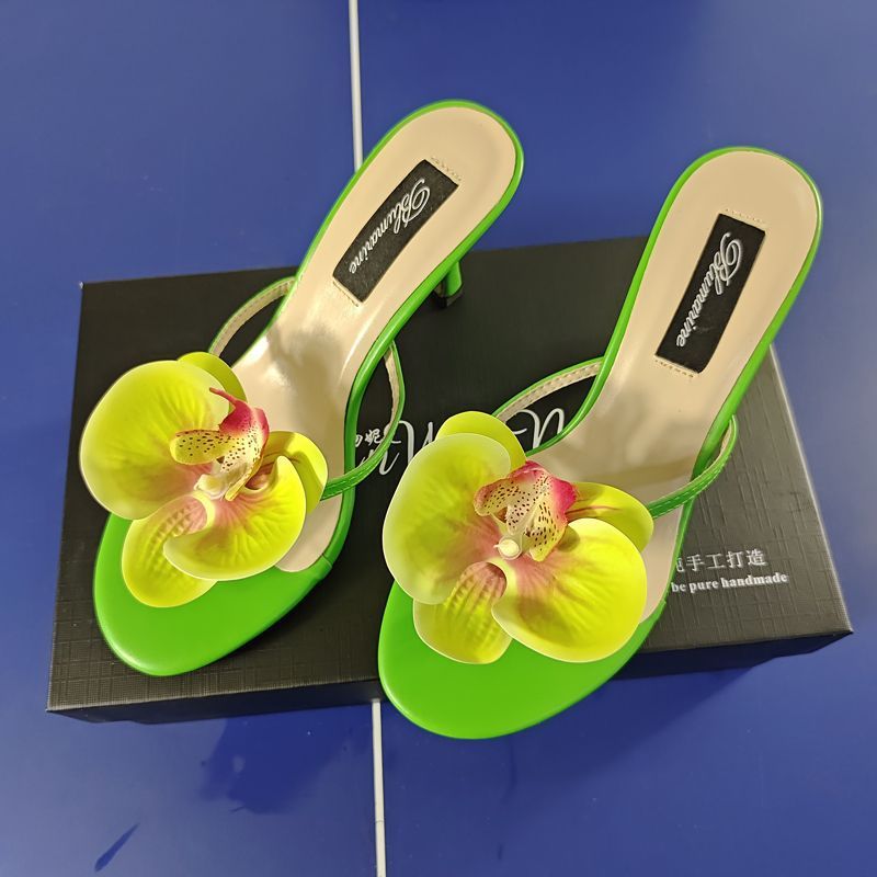 Women's Summer Fashion Flower High Heel Slippers $87.59 Dana Fashion Color: Green Size: 34 Women's shoes Product information: Lining material: PU leather Toe holder shape: Pointed Color: pink, green Shoe Upper material: synthetic leather Size: 34,35,36,37