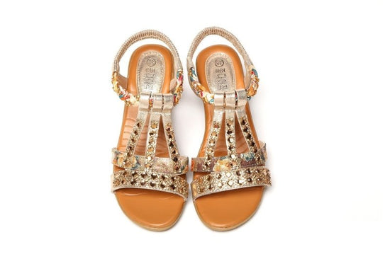 Women's Summer Flat Bottom Rhinestone Elastic Strap Sandals $46.06 Dana Fashion Color: Gold Size: 34 Women's shoes Product information: Lining material: unlined Color: silver, gold Upper height: low top Size: 34, 35, 36, 37, 38, 39, 40 Sole craft: viscose