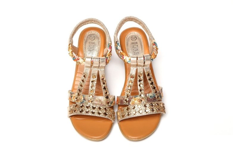 Women's Summer Flat Bottom Rhinestone Elastic Strap Sandals $46.06 Dana Fashion Color: Gold Size: 34 Women's shoes Product information: Lining material: unlined Color: silver, gold Upper height: low top Size: 34, 35, 36, 37, 38, 39, 40 Sole craft: viscose