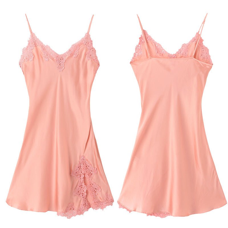 Women's Summer Pajamas Home Wear Lace Silk Slip Nightdress $173.33 Dana Fashion Color: Pearl Color Single Sling Size: L Women's clothing Product information: Thickness: thin Fabric name: Silk Color: Pink (separate Sling), pearl color (separate Sling) Main