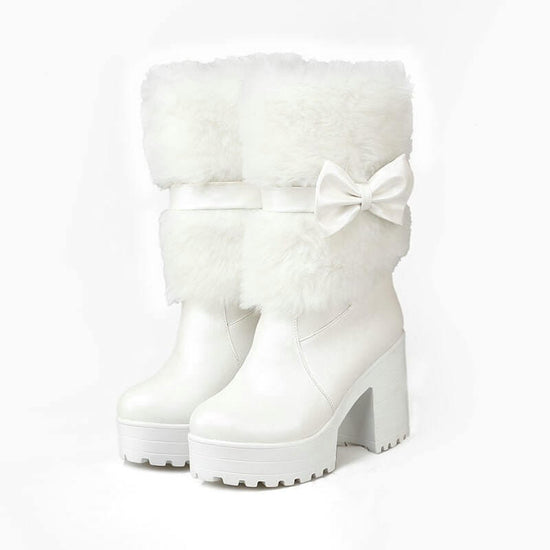 Women's Thick Heel Snow Sweet Bow Boots $78.90 Dana Fashion Color: White Size: 34 Women's shoes Product information: Pattern: solid color Color: white, beige, pink Heel height: high heel (6-8CM) Sock length: mid-calf Heel shape: chunky heel Size: 34,35,36