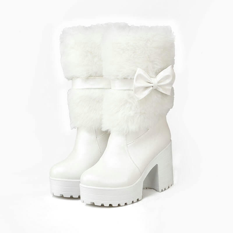 Women's Thick Heel Snow Sweet Bow Boots $78.90 Dana Fashion Color: White Size: 34 Women's shoes Product information: Pattern: solid color Color: white, beige, pink Heel height: high heel (6-8CM) Sock length: mid-calf Heel shape: chunky heel Size: 34,35,36