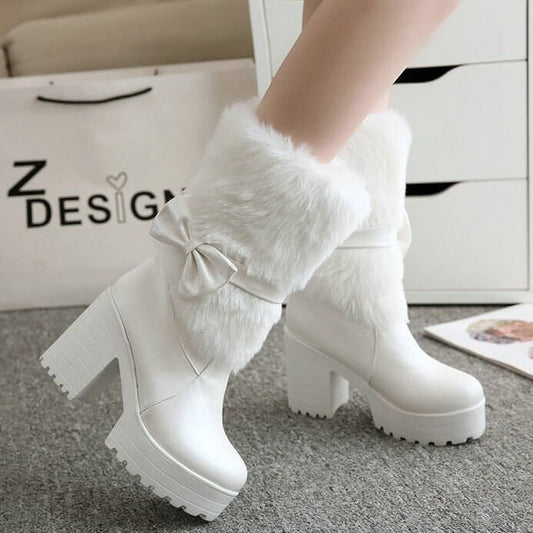 Women's Thick Heel Snow Sweet Bow Boots $78.90 Dana Fashion Color: Beige Size: 34 Women's shoes Product information: Pattern: solid color Color: white, beige, pink Heel height: high heel (6-8CM) Sock length: mid-calf Heel shape: chunky heel Size: 34,35,36