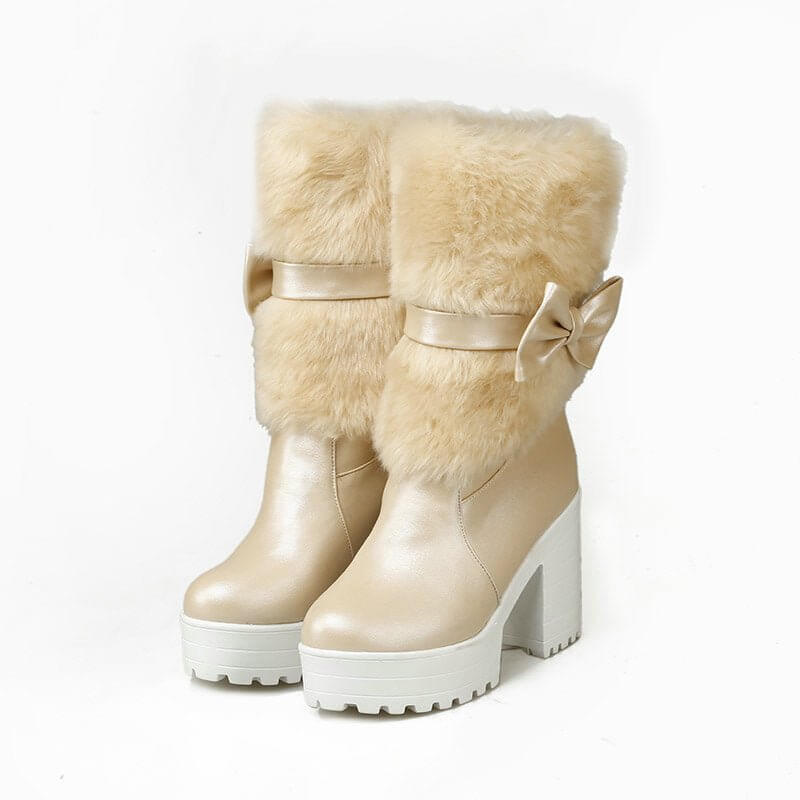Women's Thick Heel Snow Sweet Bow Boots $78.90 Dana Fashion Color: Beige Size: 34 Women's shoes Product information: Pattern: solid color Color: white, beige, pink Heel height: high heel (6-8CM) Sock length: mid-calf Heel shape: chunky heel Size: 34,35,36