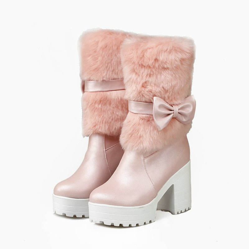 Women's Thick Heel Snow Sweet Bow Boots $78.90 Dana Fashion Color: Pink Size: 34 Women's shoes Product information: Pattern: solid color Color: white, beige, pink Heel height: high heel (6-8CM) Sock length: mid-calf Heel shape: chunky heel Size: 34,35,36,