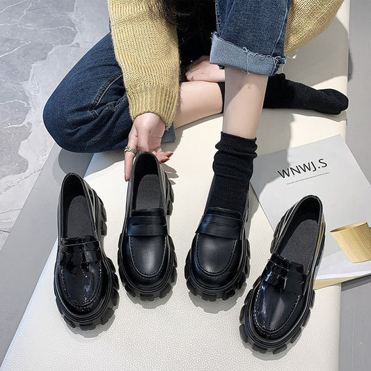 Women's Thick Heel Versatile Black Small Leather Shoes - Dana Fashion