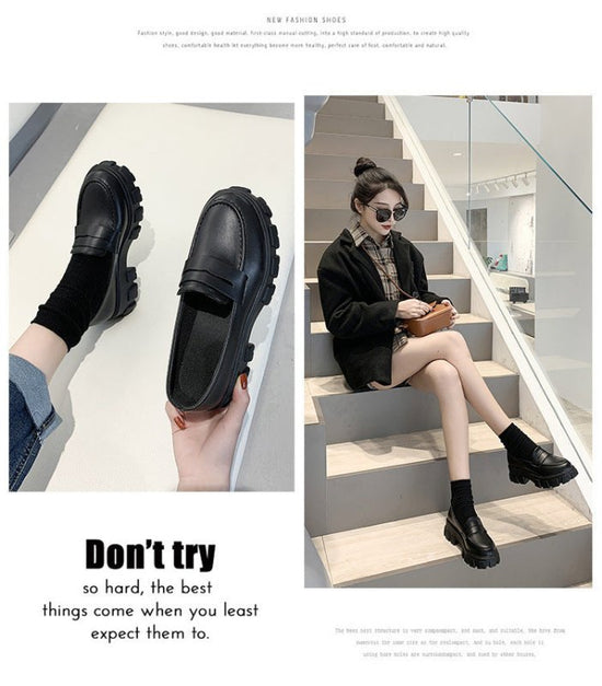 Women's Thick Heel Versatile Black Small Leather Shoes $43.33 Dana Fashion Color: Black Size: 35 One Size Larger Women's shoes Product information: Pattern: solid color Lining material: pvc Applicable sports: Universal Color: Black Upper height: low top H