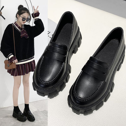 Women's Thick Heel Versatile Black Small Leather Shoes - Dana Fashion