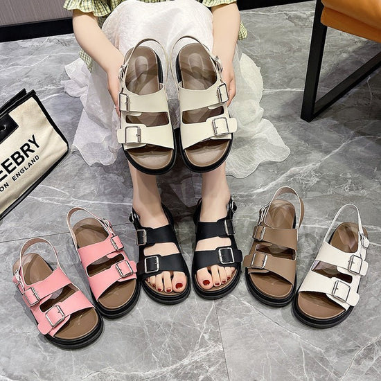 Women's Thick-soled Double-belt Buckle Flat Beach Sandals $44.95 Dana Fashion Color: Beige Upgraded Version Size: 35 Women's shoes Product information: Lining material: PU Toe holder shape: round head Color: Pink upgraded version, white upgraded version,