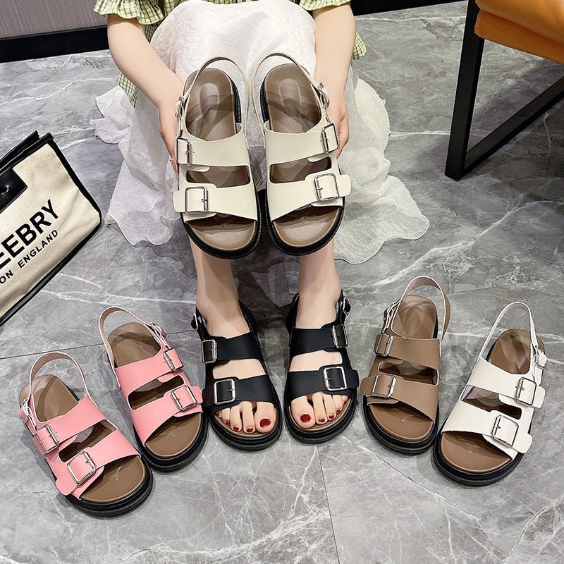 Women's Thick-soled Double-belt Buckle Flat Beach Sandals $44.95 Dana Fashion Color: Beige Upgraded Version Size: 35 Women's shoes Product information: Lining material: PU Toe holder shape: round head Color: Pink upgraded version, white upgraded version,