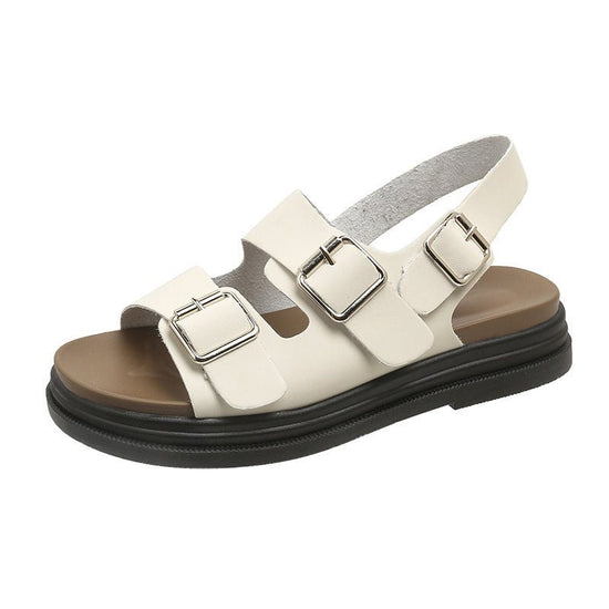 Women's Thick-soled Double-belt Buckle Flat Beach Sandals $44.95 Dana Fashion Color: White Upgraded Version Size: 35 Women's shoes Product information: Lining material: PU Toe holder shape: round head Color: Pink upgraded version, white upgraded version,