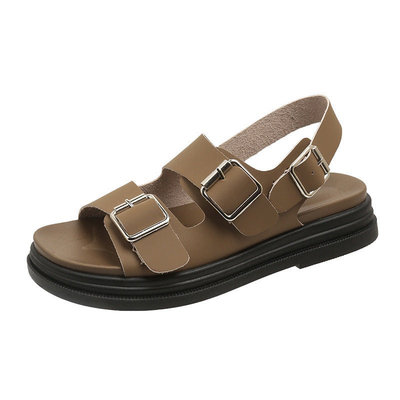 Women's Thick-soled Double-belt Buckle Flat Beach Sandals $44.95 Dana Fashion Color: Brown Upgraded Version Size: 35 Women's shoes Product information: Lining material: PU Toe holder shape: round head Color: Pink upgraded version, white upgraded version,