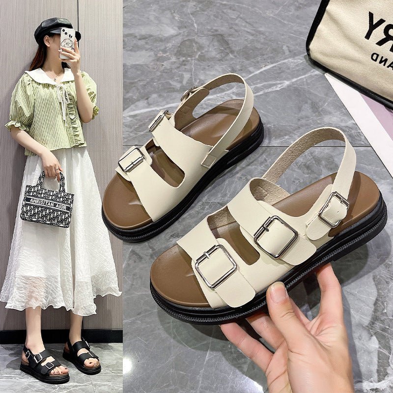 Women's Thick-soled Double-belt Buckle Flat Beach Sandals $44.95 Dana Fashion Color: Beige Upgraded Version Size: 35 Women's shoes Product information: Lining material: PU Toe holder shape: round head Color: Pink upgraded version, white upgraded version,