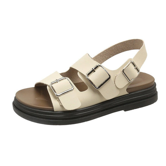 Women's Thick-soled Double-belt Buckle Flat Beach Sandals $44.95 Dana Fashion Color: Beige Upgraded Version Size: 35 Women's shoes Product information: Lining material: PU Toe holder shape: round head Color: Pink upgraded version, white upgraded version,