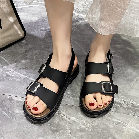 Women's Thick-soled Double-belt Buckle Flat Beach Sandals $44.95 Dana Fashion Color: Beige Upgraded Version Size: 35 Women's shoes Product information: Lining material: PU Toe holder shape: round head Color: Pink upgraded version, white upgraded version,