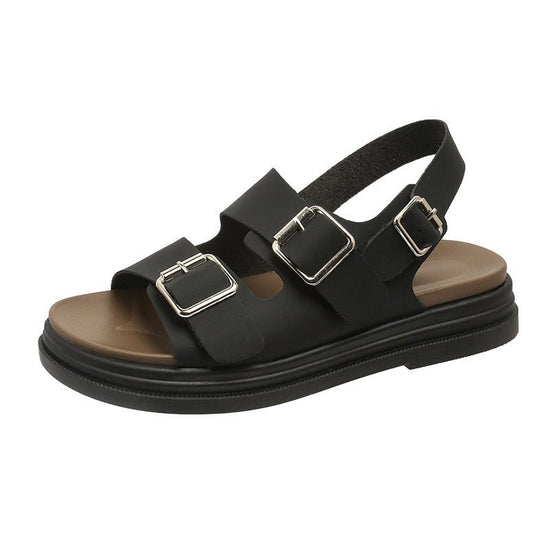 Women's Thick-soled Double-belt Buckle Flat Beach Sandals $44.95 Dana Fashion Color: Black Upgraded Version Size: 35 Women's shoes Product information: Lining material: PU Toe holder shape: round head Color: Pink upgraded version, white upgraded version,