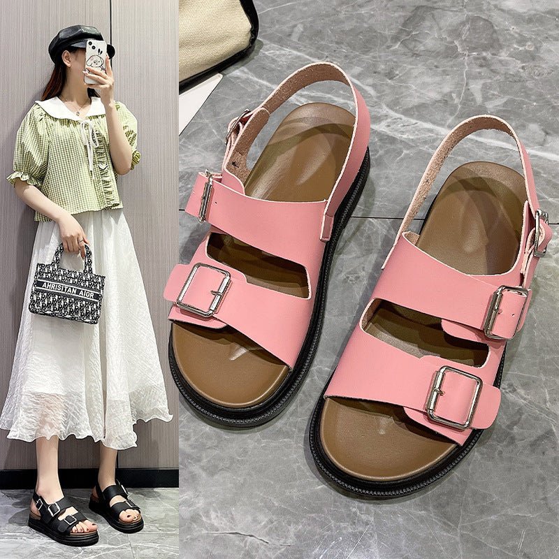 Women's Thick-soled Double-belt Buckle Flat Beach Sandals $44.95 Dana Fashion Color: Beige Upgraded Version Size: 35 Women's shoes Product information: Lining material: PU Toe holder shape: round head Color: Pink upgraded version, white upgraded version,