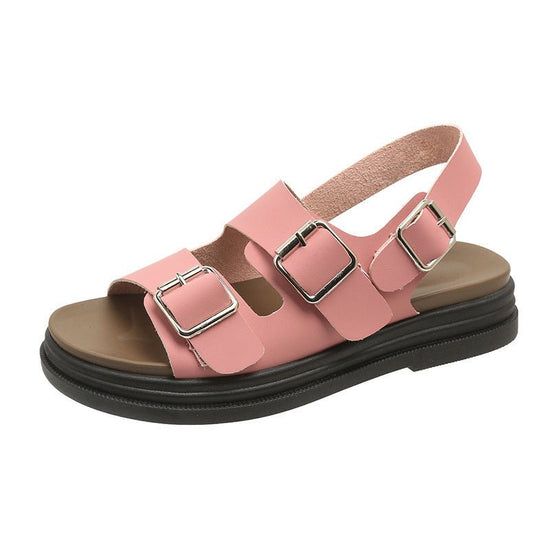 Women's Thick-soled Double-belt Buckle Flat Beach Sandals $44.95 Dana Fashion Color: Pink Upgraded Version Size: 35 Women's shoes Product information: Lining material: PU Toe holder shape: round head Color: Pink upgraded version, white upgraded version, B