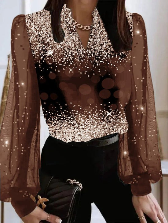 Women's V-neck Pullover Fashionable Printed Shirt $45.50 Dana Fashion Color: Champagne Size: 2XL Women's clothing Product information: Color: black, dark red, blue, Champagne Size: S,M,L,XL,2XL,3XL Style: pullover Sleeve type: Lantern sleeve Main fabric c