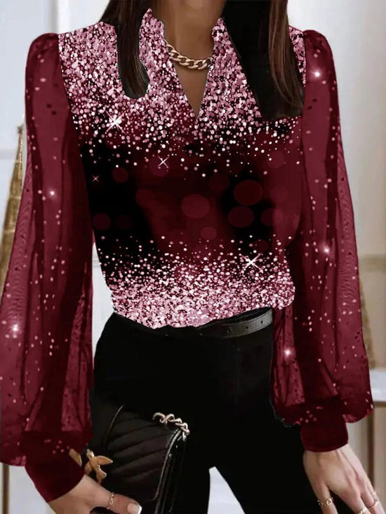 Women's V-neck Pullover Fashionable Printed Shirt $45.50 Dana Fashion Color: Dark Red Size: 2XL Women's clothing Product information: Color: black, dark red, blue, Champagne Size: S,M,L,XL,2XL,3XL Style: pullover Sleeve type: Lantern sleeve Main fabric co
