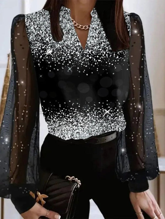 Women's V-neck Pullover Fashionable Printed Shirt $45.50 Dana Fashion Color: Black Size: 2XL Women's clothing Product information: Color: black, dark red, blue, Champagne Size: S,M,L,XL,2XL,3XL Style: pullover Sleeve type: Lantern sleeve Main fabric compo