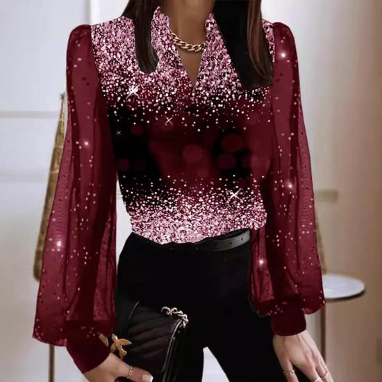 Women's V-neck Pullover Fashionable Printed Shirt $45.50 Dana Fashion Color: Black Size: 2XL Women's clothing Product information: Color: black, dark red, blue, Champagne Size: S,M,L,XL,2XL,3XL Style: pullover Sleeve type: Lantern sleeve Main fabric compo