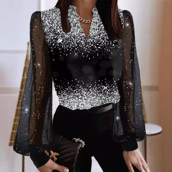 Women's V-neck Pullover Fashionable Printed Shirt $45.50 Dana Fashion Color: Black Size: 2XL Women's clothing Product information: Color: black, dark red, blue, Champagne Size: S,M,L,XL,2XL,3XL Style: pullover Sleeve type: Lantern sleeve Main fabric compo