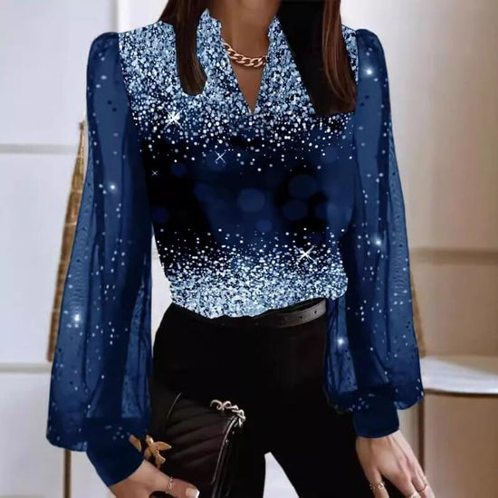Women's V-neck Pullover Fashionable Printed Shirt $45.50 Dana Fashion Color: Black Size: 2XL Women's clothing Product information: Color: black, dark red, blue, Champagne Size: S,M,L,XL,2XL,3XL Style: pullover Sleeve type: Lantern sleeve Main fabric compo