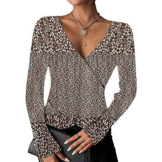 Women's V-neck Temperament Upper Clothes Long Sleeves T-shirt $41.40 Dana Fashion Color: Coffee Size: L Women's clothing Product information: Color: Brown Size: S,M,L,XL,XXL,XXXL Style: pullover Fabric name: Polyester Main fabric composition: Polyester (p