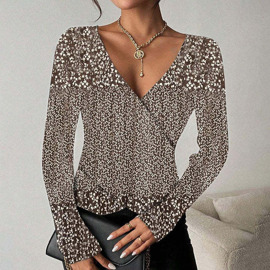 Women's V-neck Temperament Upper Clothes Long Sleeves T-shirt $41.40 Dana Fashion Color: Coffee Size: L Women's clothing Product information: Color: Brown Size: S,M,L,XL,XXL,XXXL Style: pullover Fabric name: Polyester Main fabric composition: Polyester (p