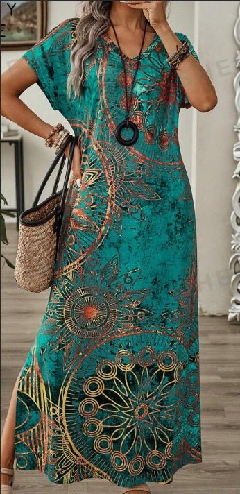 Women's Vintage Floral Print V-Neck Batwing Sleeve Casual Summer Dress Maxi Women Dresses Long Dress $25.03 Dana Fashion Color: Green Size: 2XL Women's clothing Material: Knitted Fabric Composition: 91.0% Polyester, 9.0% Elastane Care Instructions: Machin
