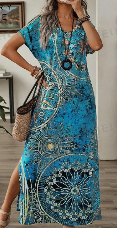 Women's Vintage Floral Print V-Neck Batwing Sleeve Casual Summer Dress Maxi Women Dresses Long Dress $25.03 Dana Fashion Color: Blue Size: 2XL Women's clothing Material: Knitted Fabric Composition: 91.0% Polyester, 9.0% Elastane Care Instructions: Machine