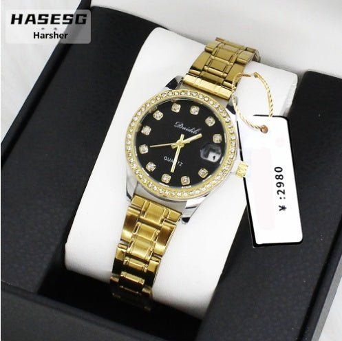 Women's Watch Affordable Luxury Fashion Diamond Foreign Trade Women's Watch Bracelet Student Watch Gift Suit $22.23 Dana Fashion Color: Black Gold Band Watch Women's Accessories Product information: Color: gold strap watch three-row drill bracelet box in