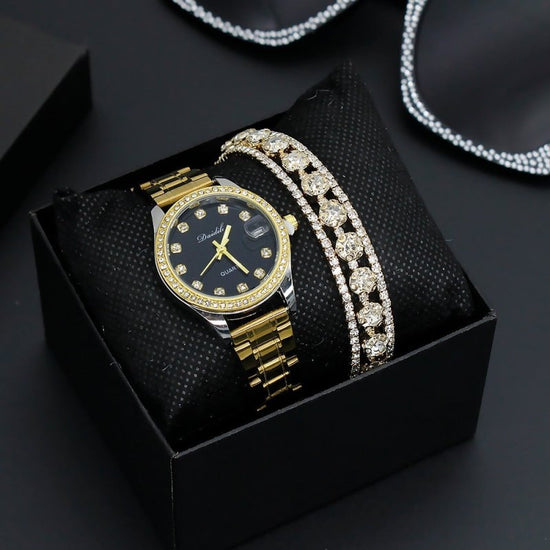 Women's Watch Affordable Luxury Fashion Diamond Foreign Trade Women's Watch Bracelet Student Watch Gift Suit $29.17 Dana Fashion Color: Black And Silver Band Watch Women's Accessories Product information: Color: gold strap watch three-row drill bracelet b