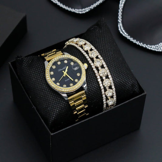 Women's Watch Affordable Luxury Fashion Diamond Foreign Trade Women's Watch Bracelet Student Watch Gift Suit $29.17 Dana Fashion Color: Black And Silver Band Watch Women's Accessories Product information: Color: gold strap watch three-row drill bracelet b