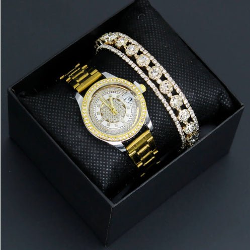 Women's Watch Affordable Luxury Fashion Diamond Foreign Trade Women's Watch Bracelet Student Watch Gift Suit $12.64 Dana Fashion Color: Three Diamond Bracelet Women's Accessories Product information: Color: gold strap watch three-row drill bracelet box in