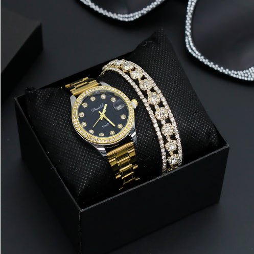 Women's Watch Affordable Luxury Fashion Diamond Foreign Trade Women's Watch Bracelet Student Watch Gift Suit $29.06 Dana Fashion Color: Black Watch Women's Accessories Product information: Color: gold strap watch three-row drill bracelet box in black face