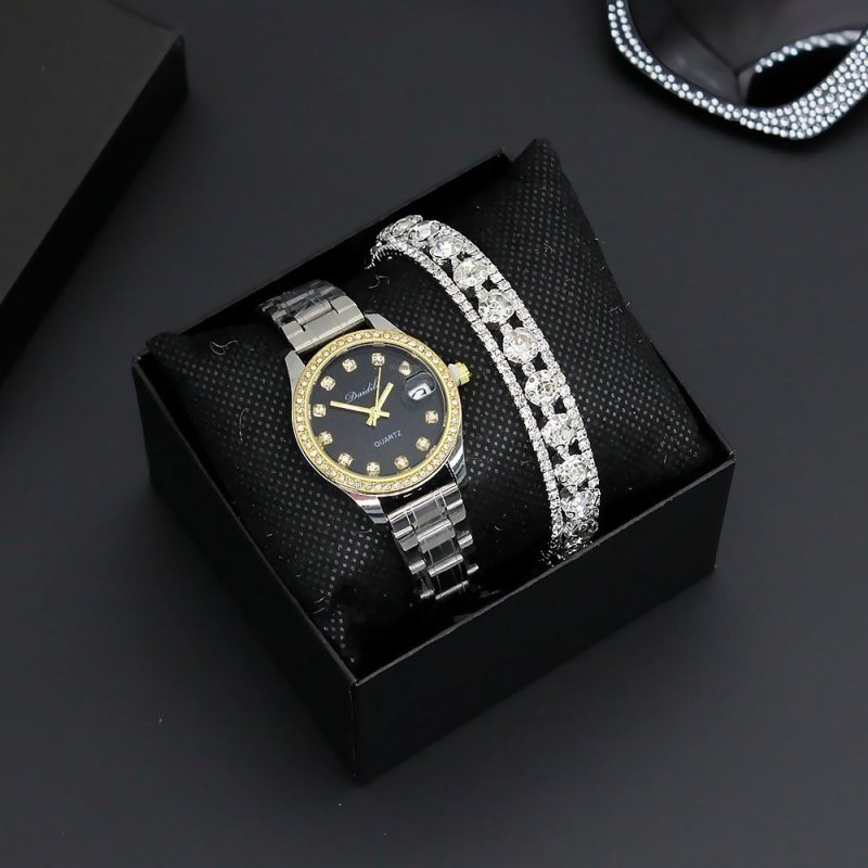 Women's Watch Affordable Luxury Fashion Diamond Foreign Trade Women's Watch Bracelet Student Watch Gift Suit $29.17 Dana Fashion Color: Black And Silver Band Watch Women's Accessories Product information: Color: gold strap watch three-row drill bracelet b