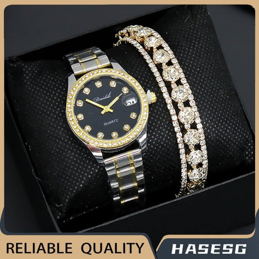 Women's Watch Affordable Luxury Fashion Diamond Foreign Trade Women's Watch Bracelet Student Watch Gift Suit $29.17 Dana Fashion Color: Black And Silver Band Watch Women's Accessories Product information: Color: gold strap watch three-row drill bracelet b